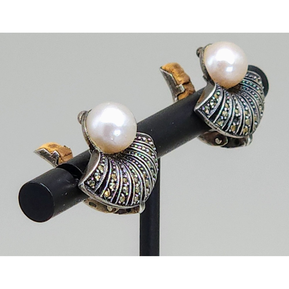 Signed TF Theodor Fahrner Clip on Earrings Pearl Marcasite Stone Fan 900 Silver - Picture 12 of 13